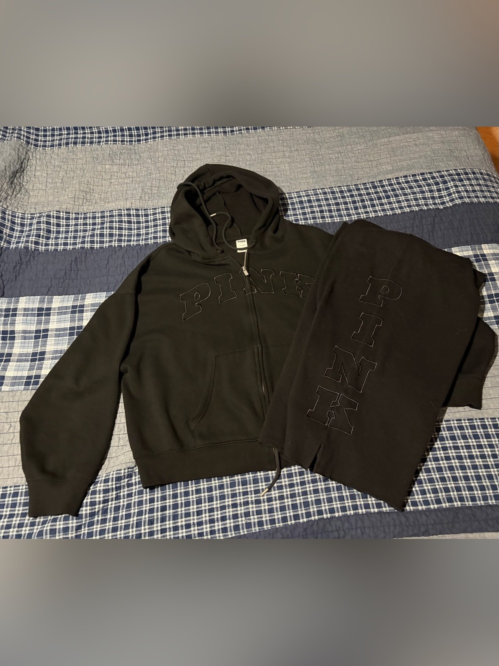 PINK Victoria's Secret Black Embroidered Logo Zip Hoodie and Wide Leg Pants